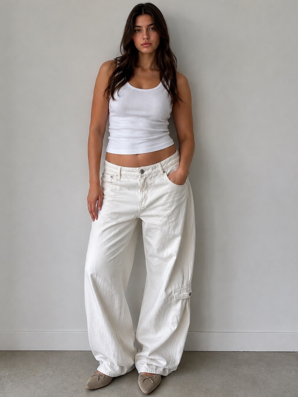 Zara Baggy Low Rise Cargo Jeans Size 14 White Wide Leg Y2K Oversized Summer Boho